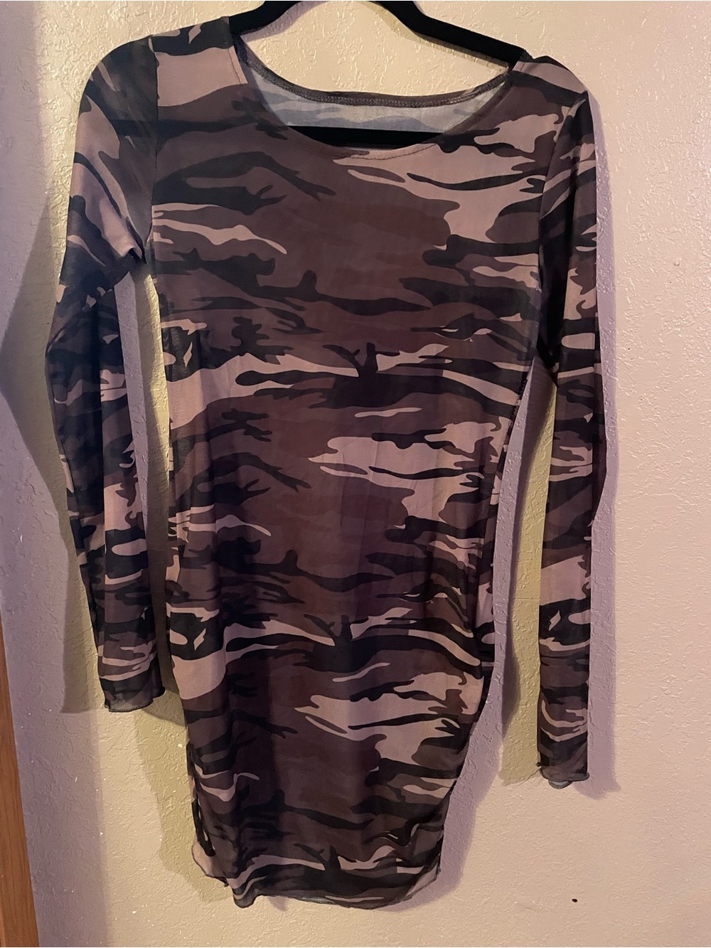 Women’s Sheer Long Sleeve Camo Bodycon Dress - Olive Green